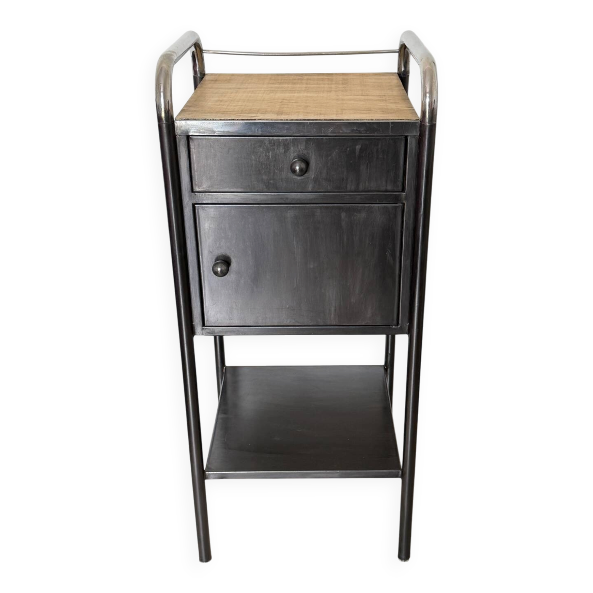 Vintage bedside table in brushed metal