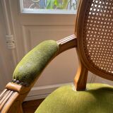 Louis XVI style armchair in velvet and rattan