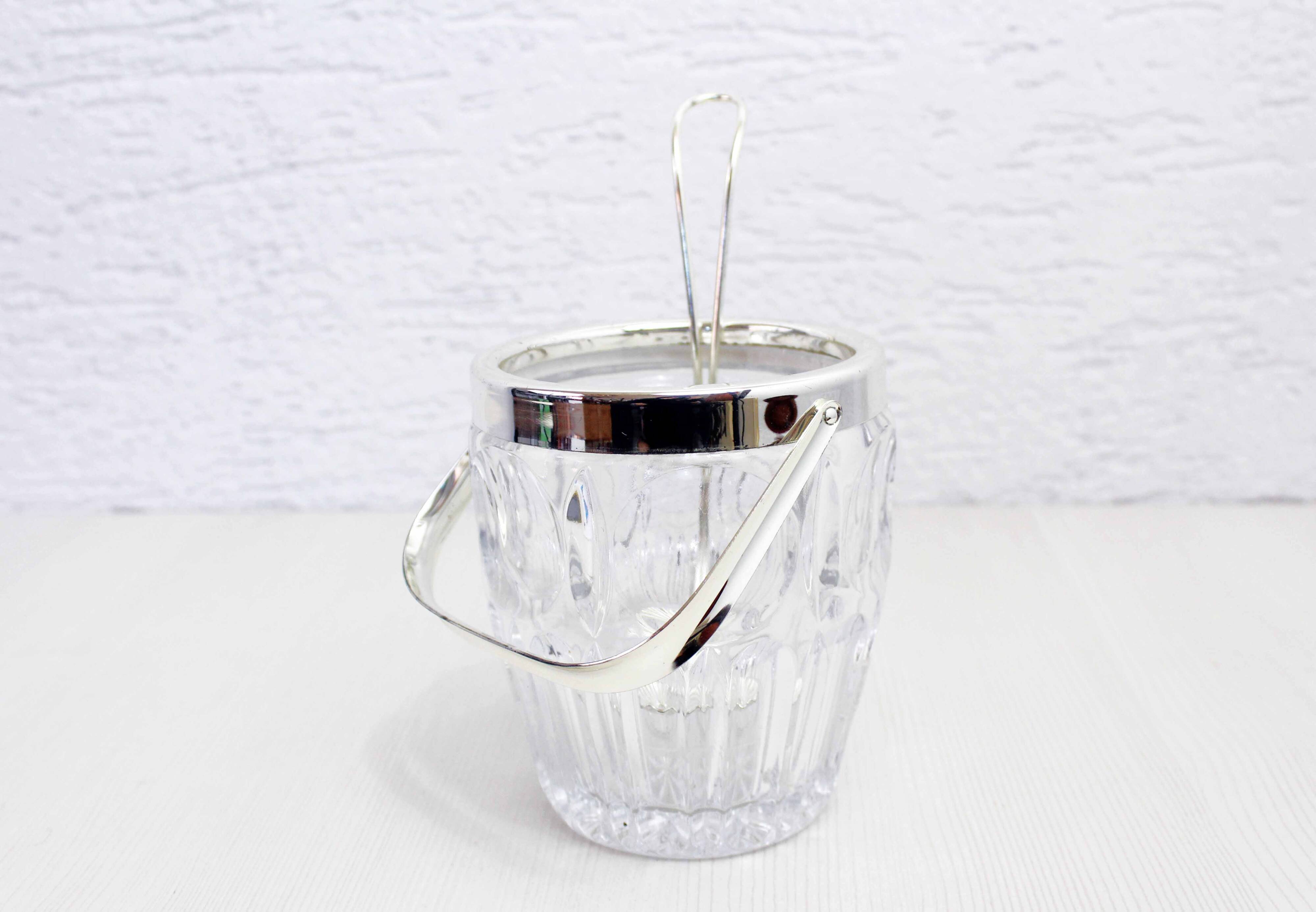 Glass ice bucket with spoon 1970