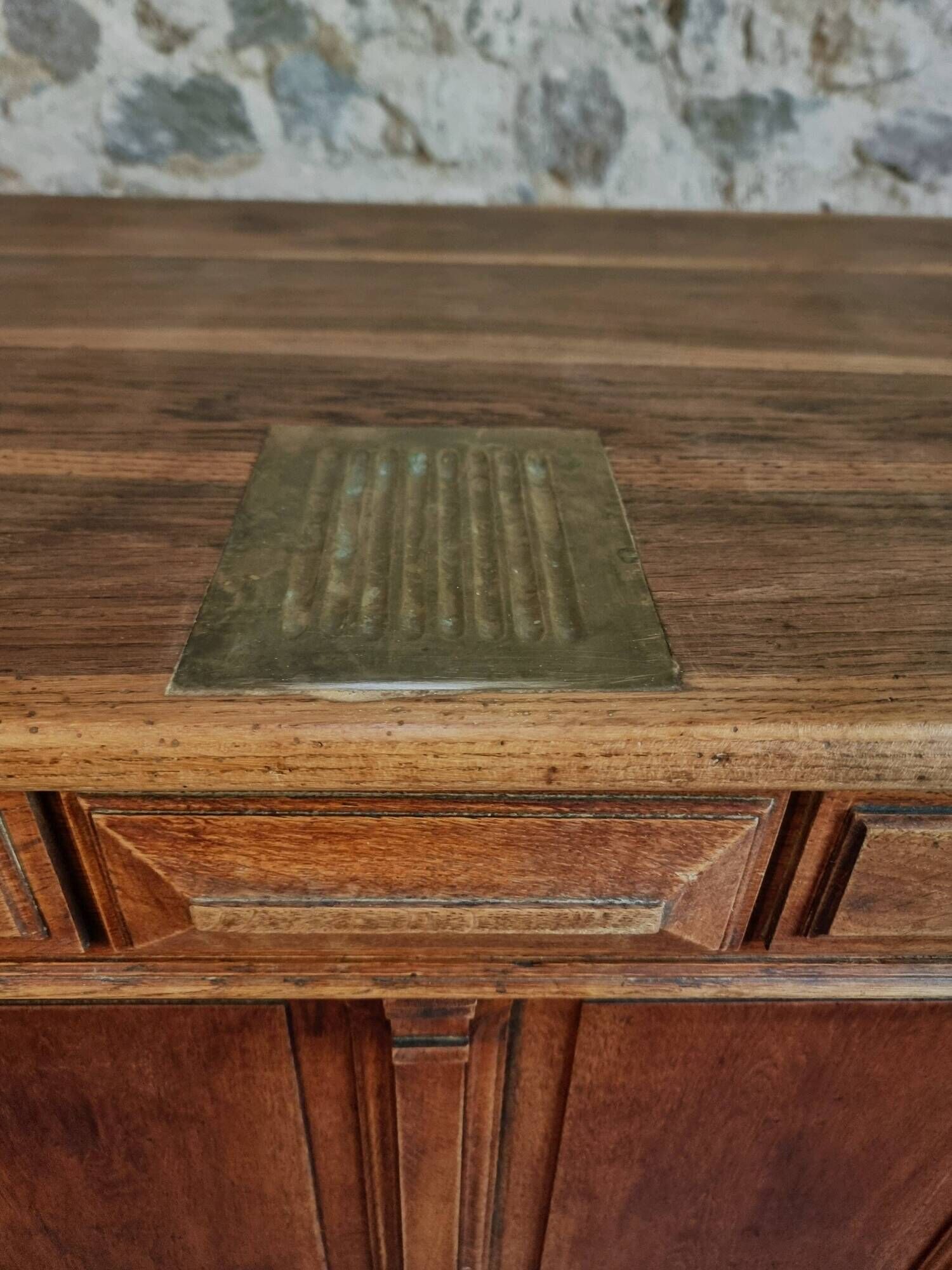 Antique French oak shop counter, kitchen island on wheels, circa 1880–1900.