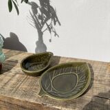 Duo of leaf and avocado slip in green ceramic - Portugal - vintage cup