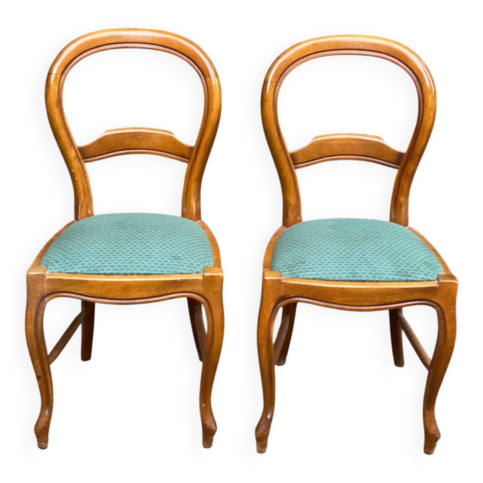 2 Louis Philippe chairs in solid curved wood and embroidered blue-green fabric