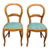 2 Louis Philippe chairs in solid curved wood and embroidered blue-green fabric
