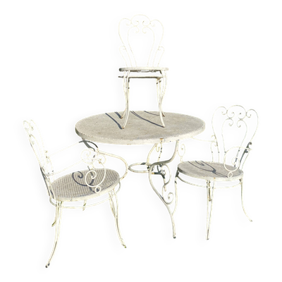 Salon de jardin vintage en fer forgé, table et 3 chaises
