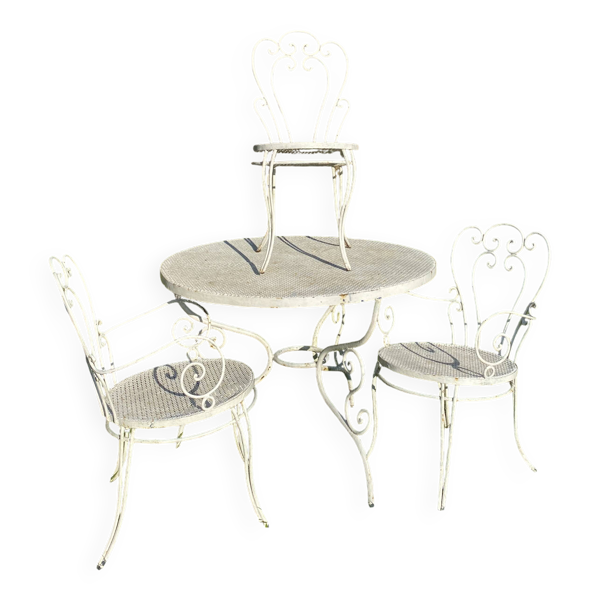 Salon de jardin vintage en fer forgé, table et 3 chaises
