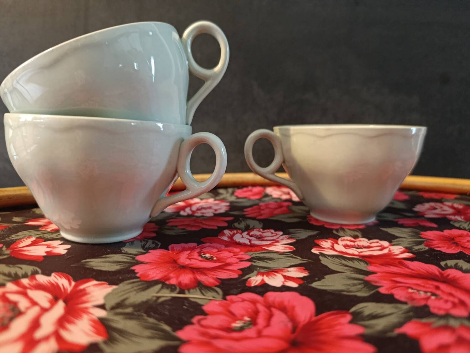5 pale green cups | almond petals | Grindley England 1950