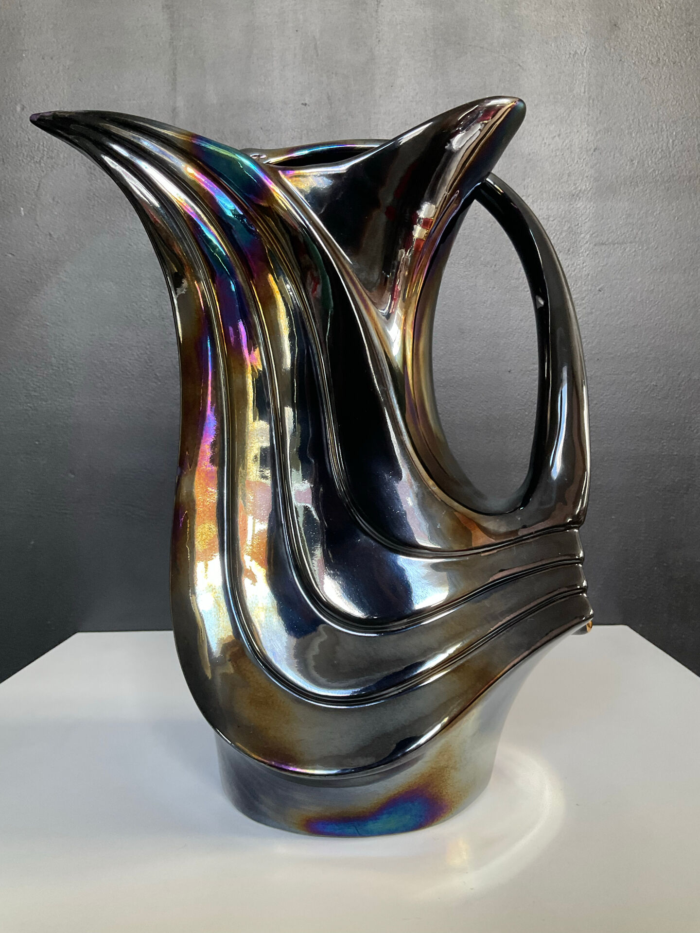 Iridescent ceramic pitcher from Bassano, Italy, from the 1970s.
