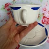Ancient cup and saucer K-G Luneville - Geometric blue fruit stencil pattern