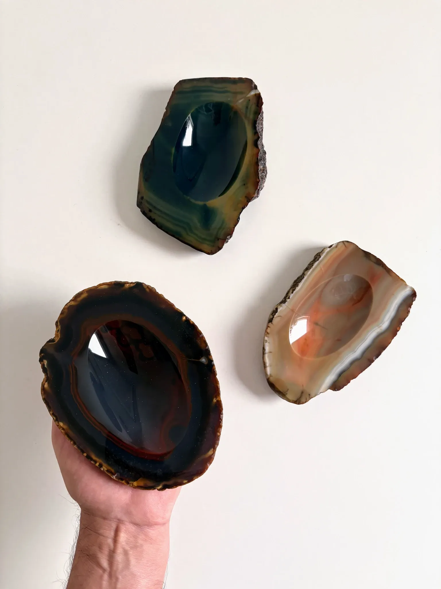 1970s Italian Agate Ashtrays/ Vide-Poche, Set of Three Natural Stone Trays
