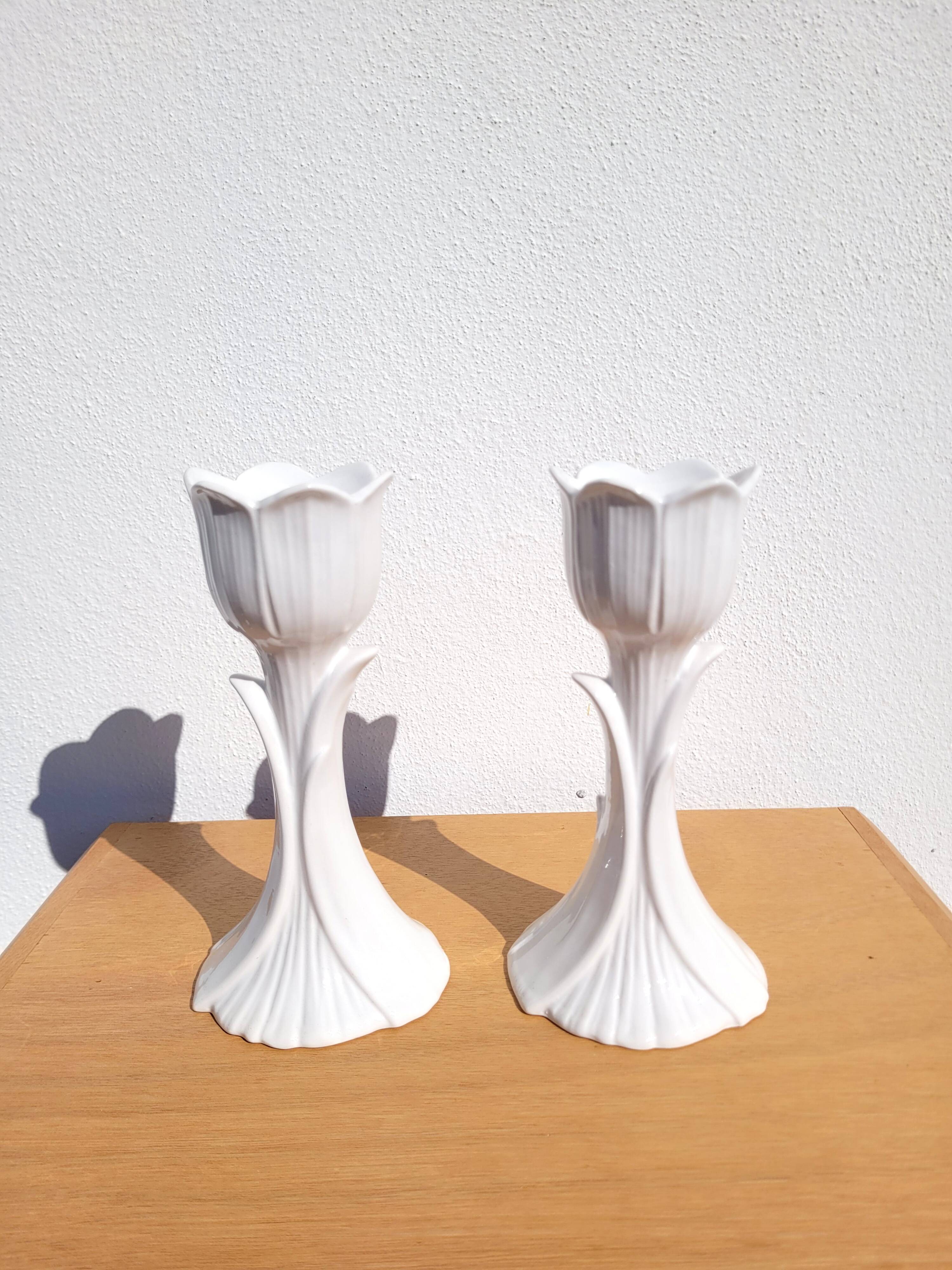 Pair of ceramic tulip candlesticks
