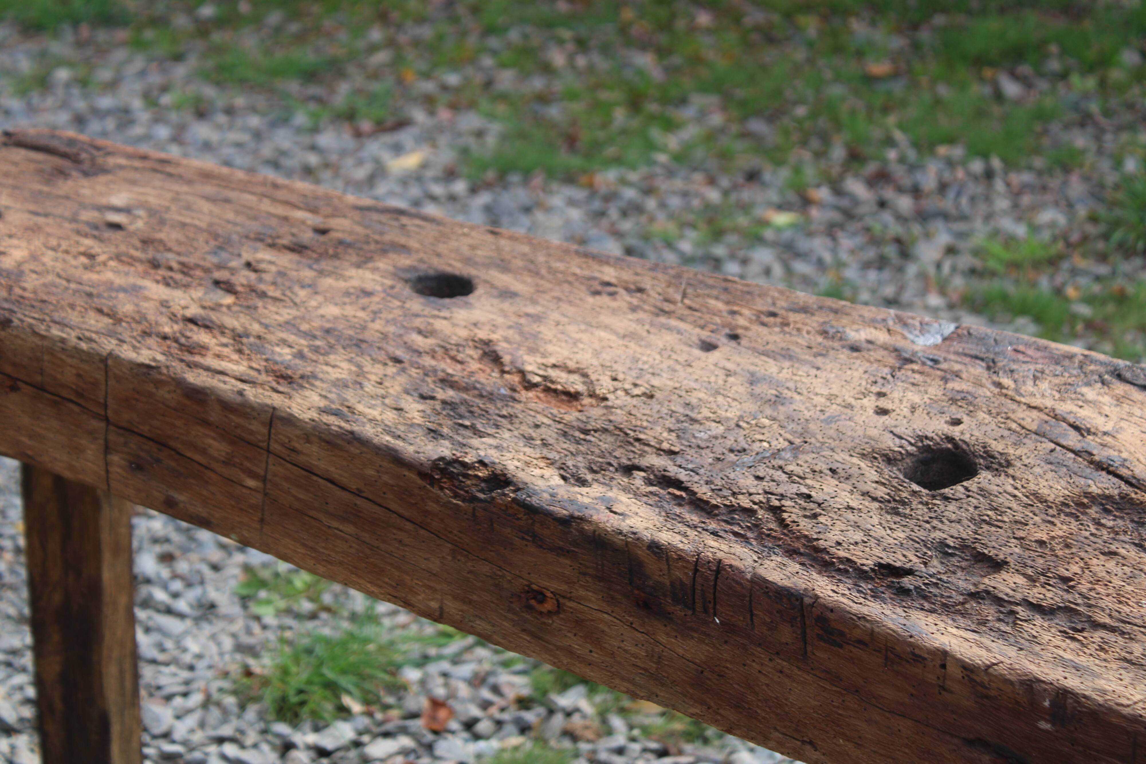 Old solid wood workbench – character console, thick top – 165 cm
