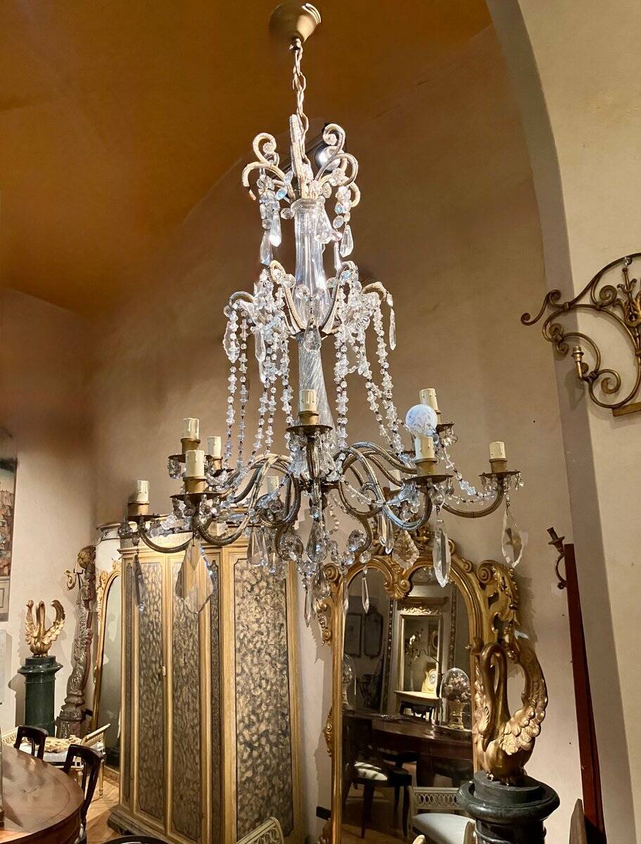 Chandelier en cage en cristal taillé et perles de verre italiennes, années 1800