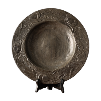 Antique Decorative Pewter Plate with Leaves and Acorns
