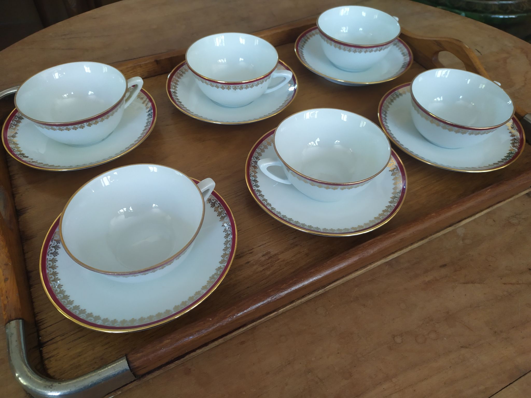6 Pillivuyt pink and gold porcelain coffee cups