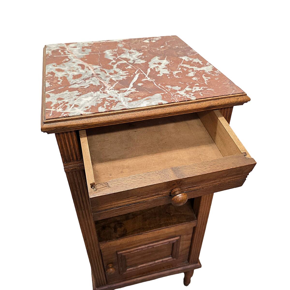 Antique French Oak Bedside Table With Marble Top, early 1900s