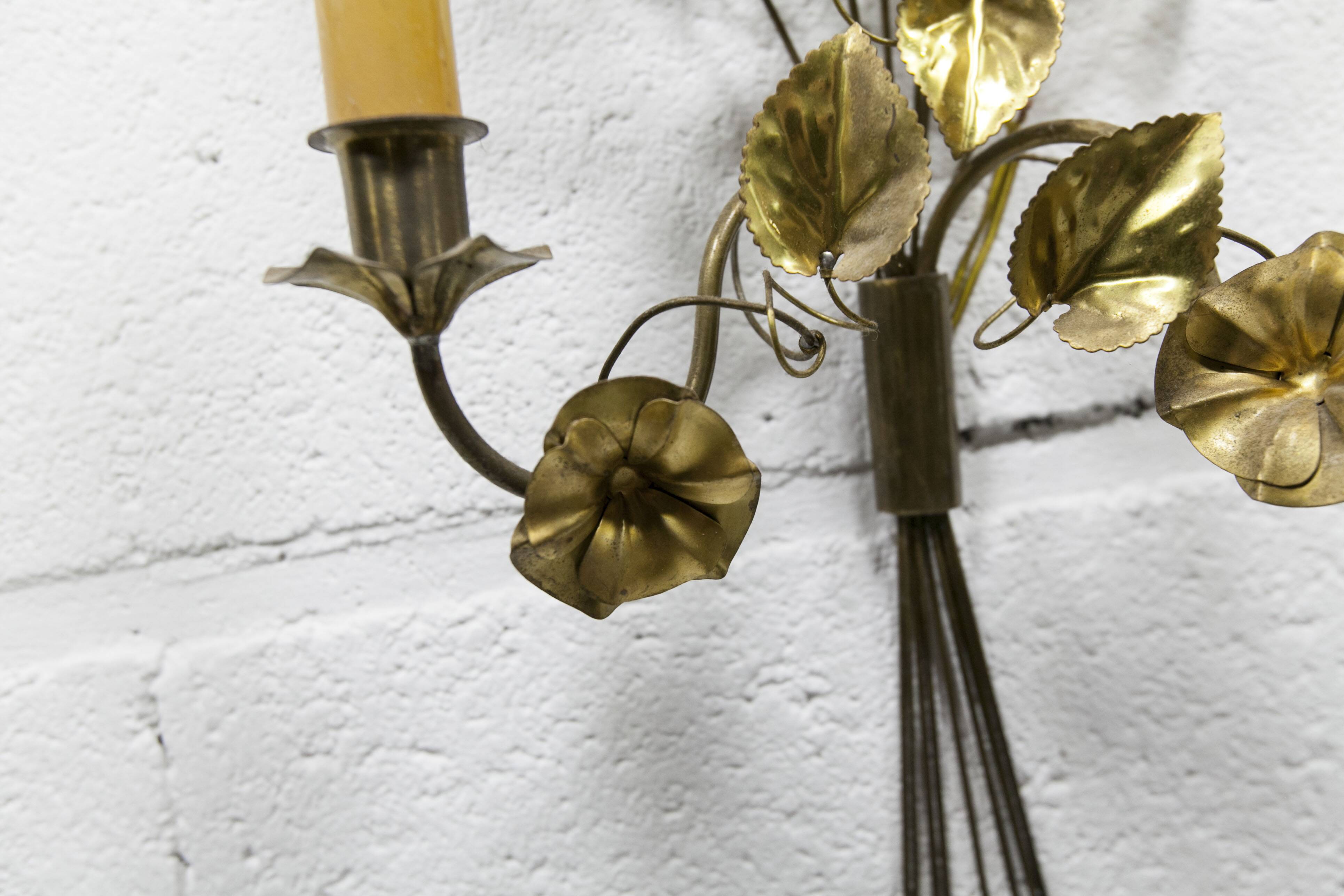 Pair of double flower bouquet sconces in brass 1960