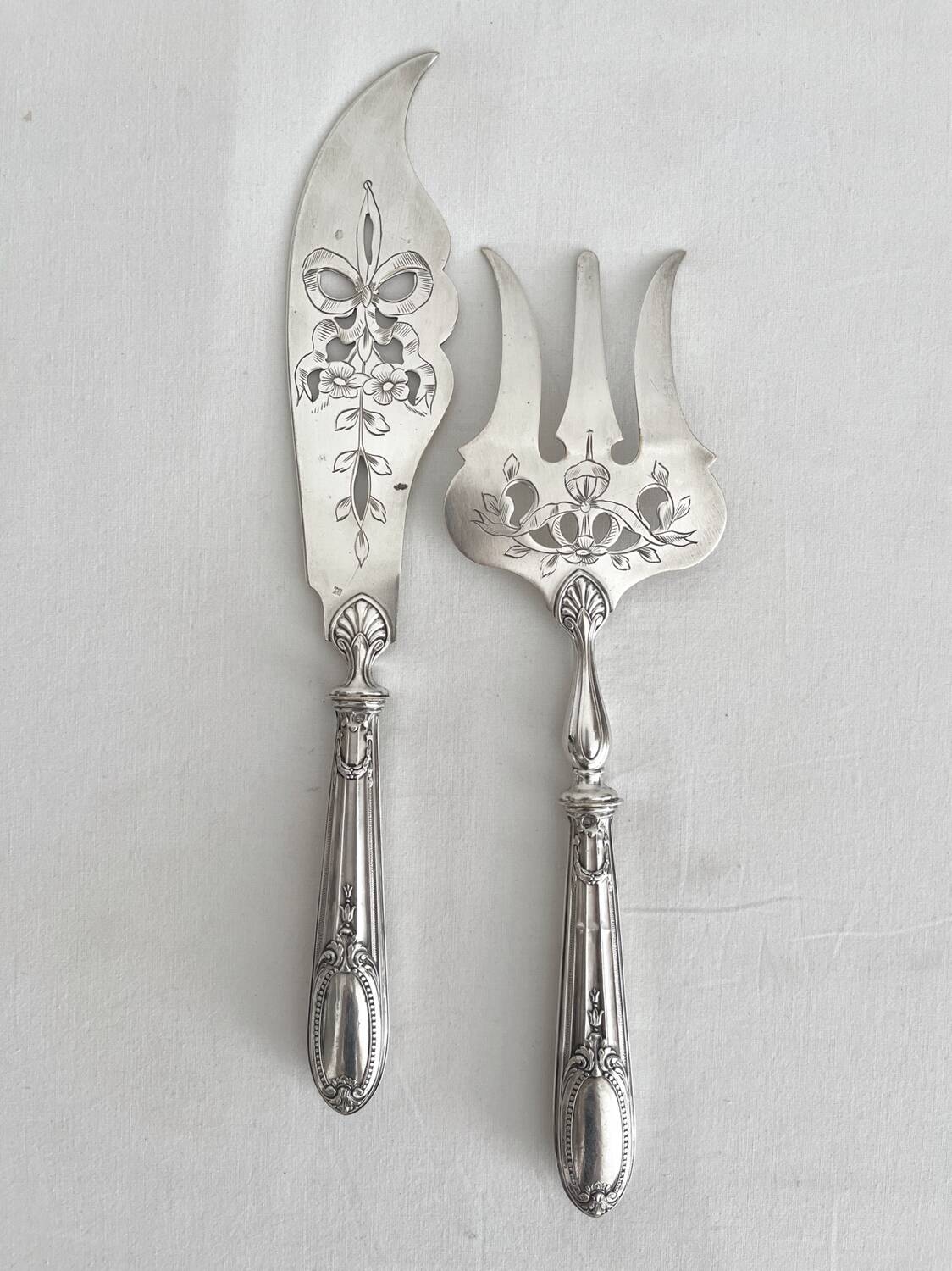 Antique silver and silver-plated fish serving cutlery