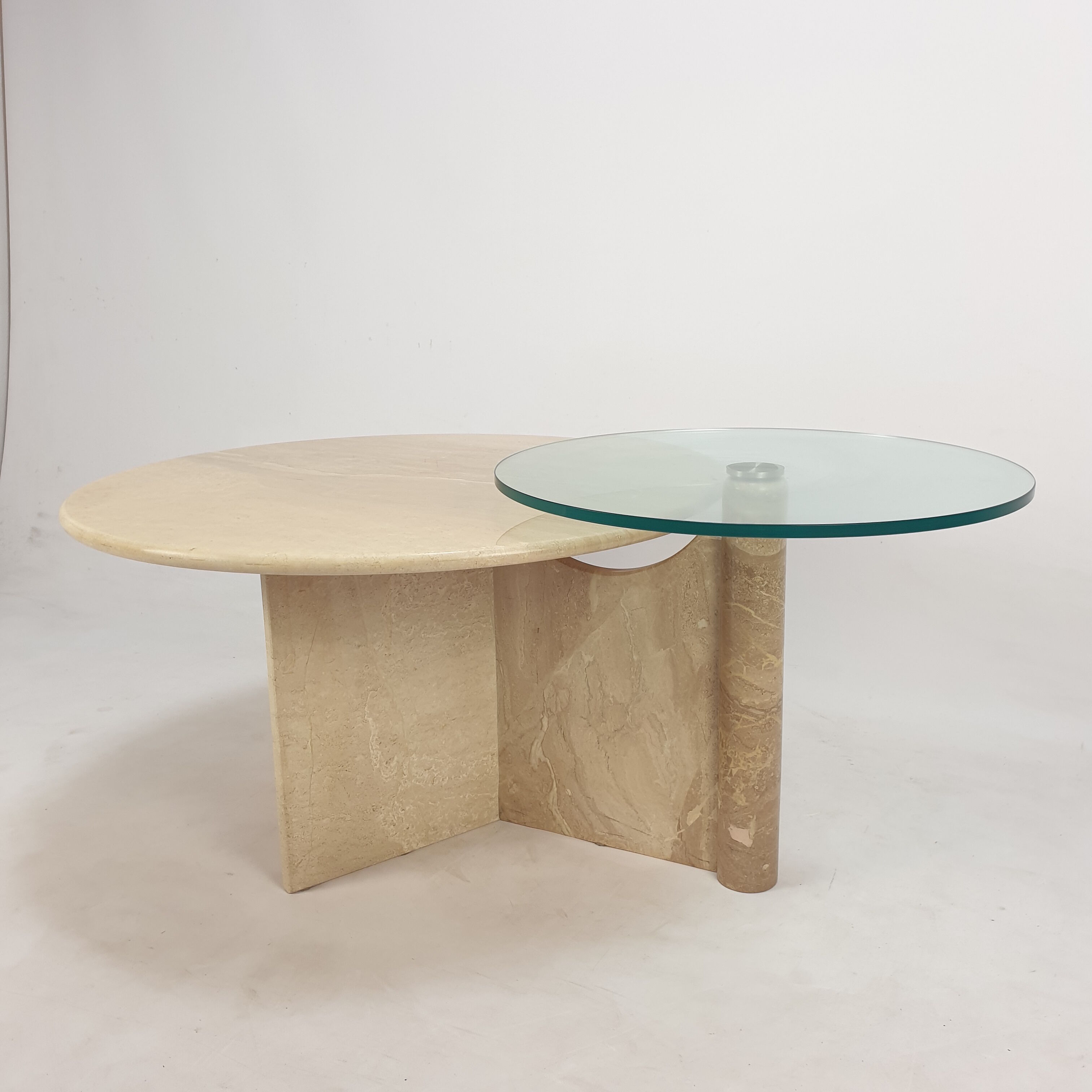 Italian travertine and glass coffee table, 1980