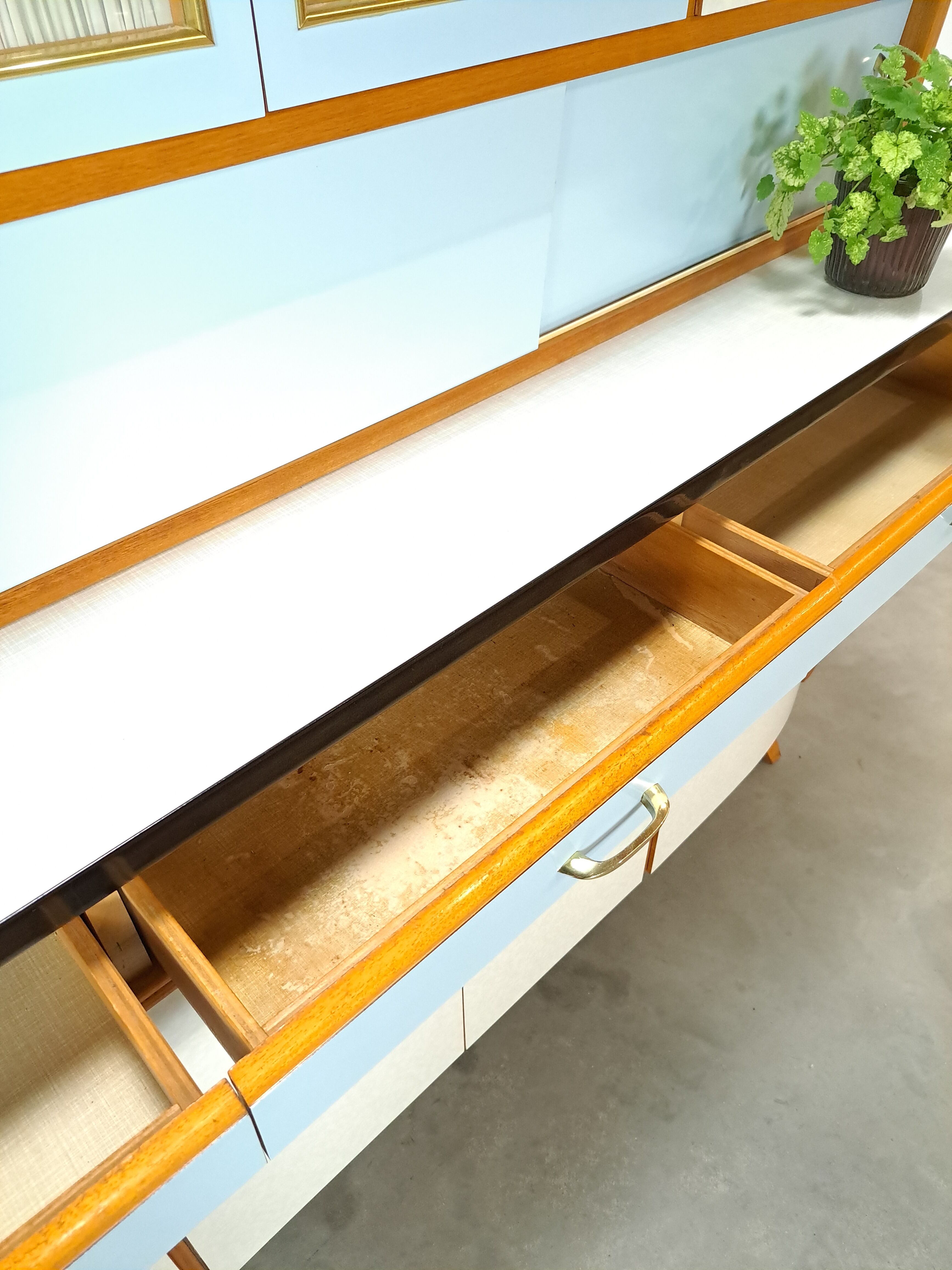 50s vintage kitchen cabinet with brass and formica