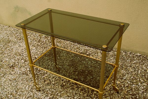 Ancienne desserte en laiton, et plateau en verre fumé  Style Louis XVI.