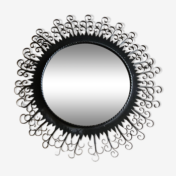 Vintage round mirror in black wrought iron