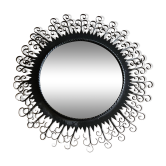 Vintage round mirror in black wrought iron