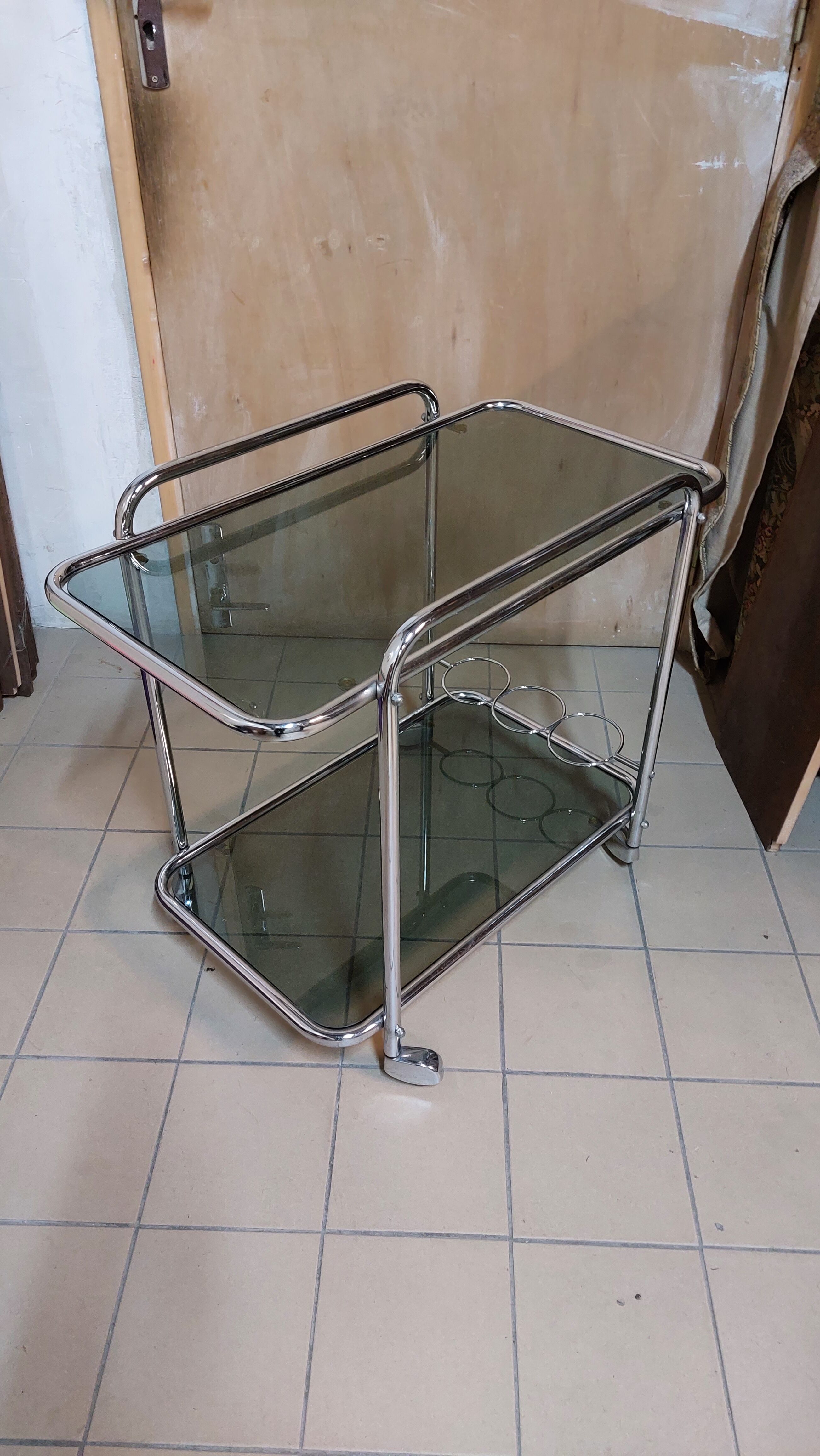 Dessert bar with chromed metal and smoked glass wheels, 70s