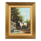 Tableau by Claude Gauthier: Equestrian portrait with a dog in a park.