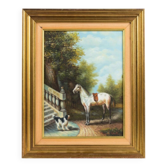 Tableau by Claude Gauthier: Equestrian portrait with a dog in a park.