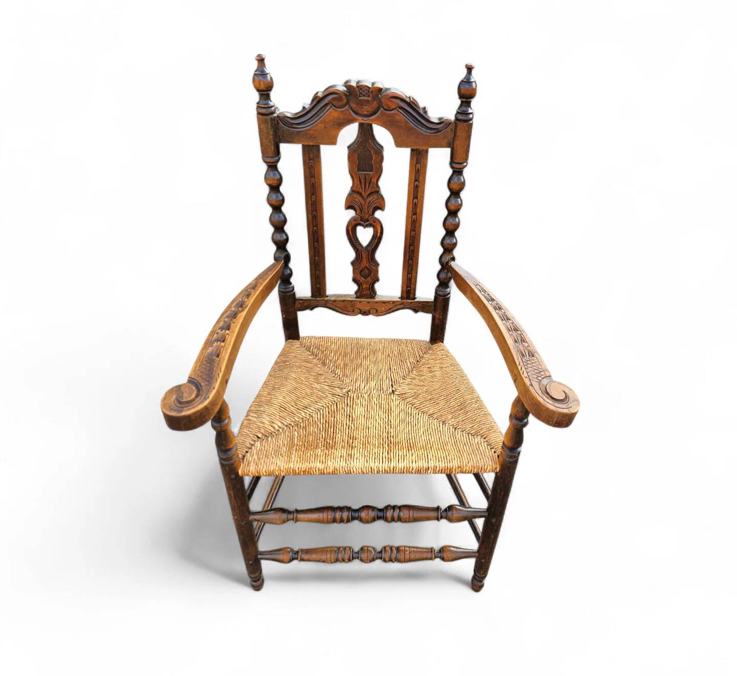 8 (2 x armrest) x ornate wood / bobbin / wicker dining chair / studded chairs