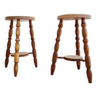 Wooden tripod stools - pair of bedside tables with turned legs
