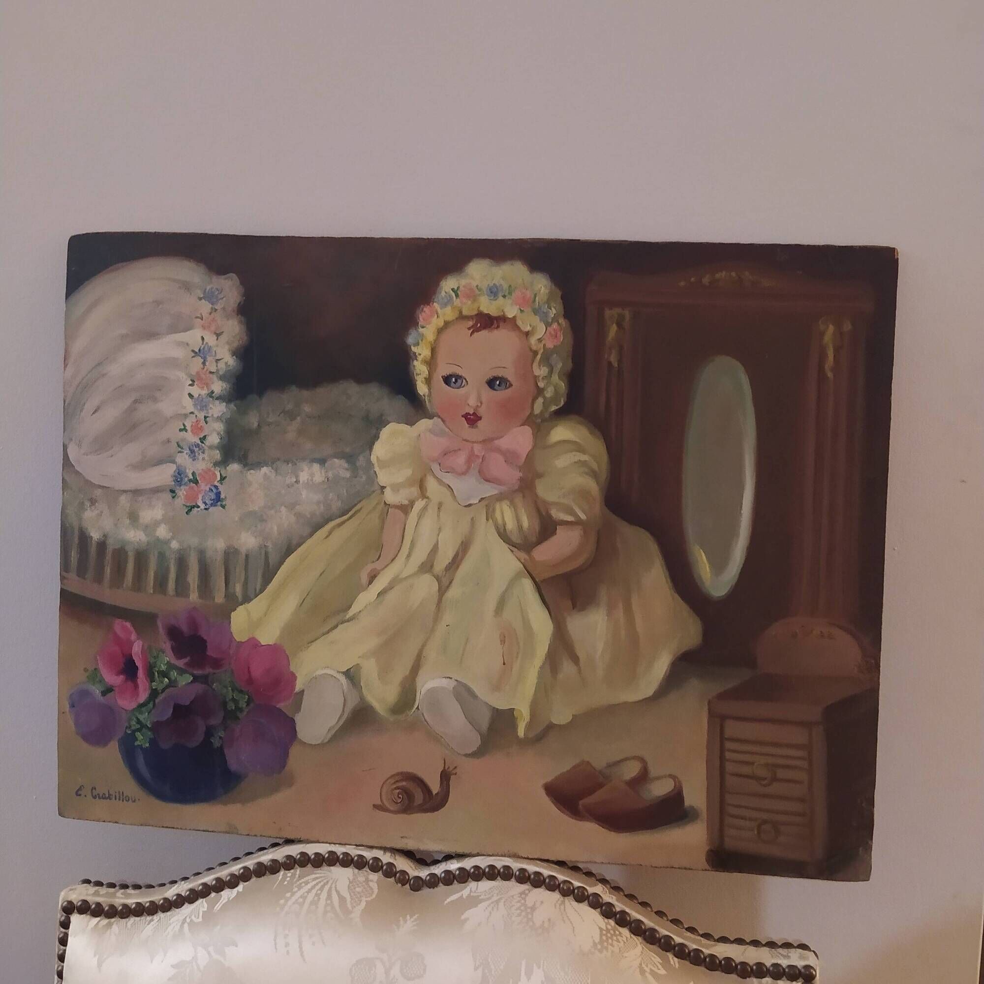 Oil on panel vintage 1930/1950 doll portrait