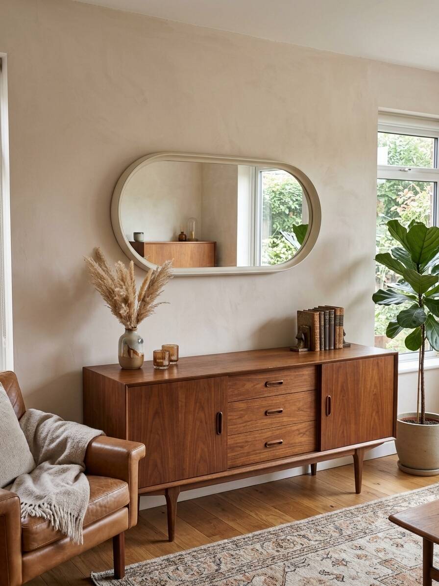 Oval mirror in white lacquer from the 1970s.