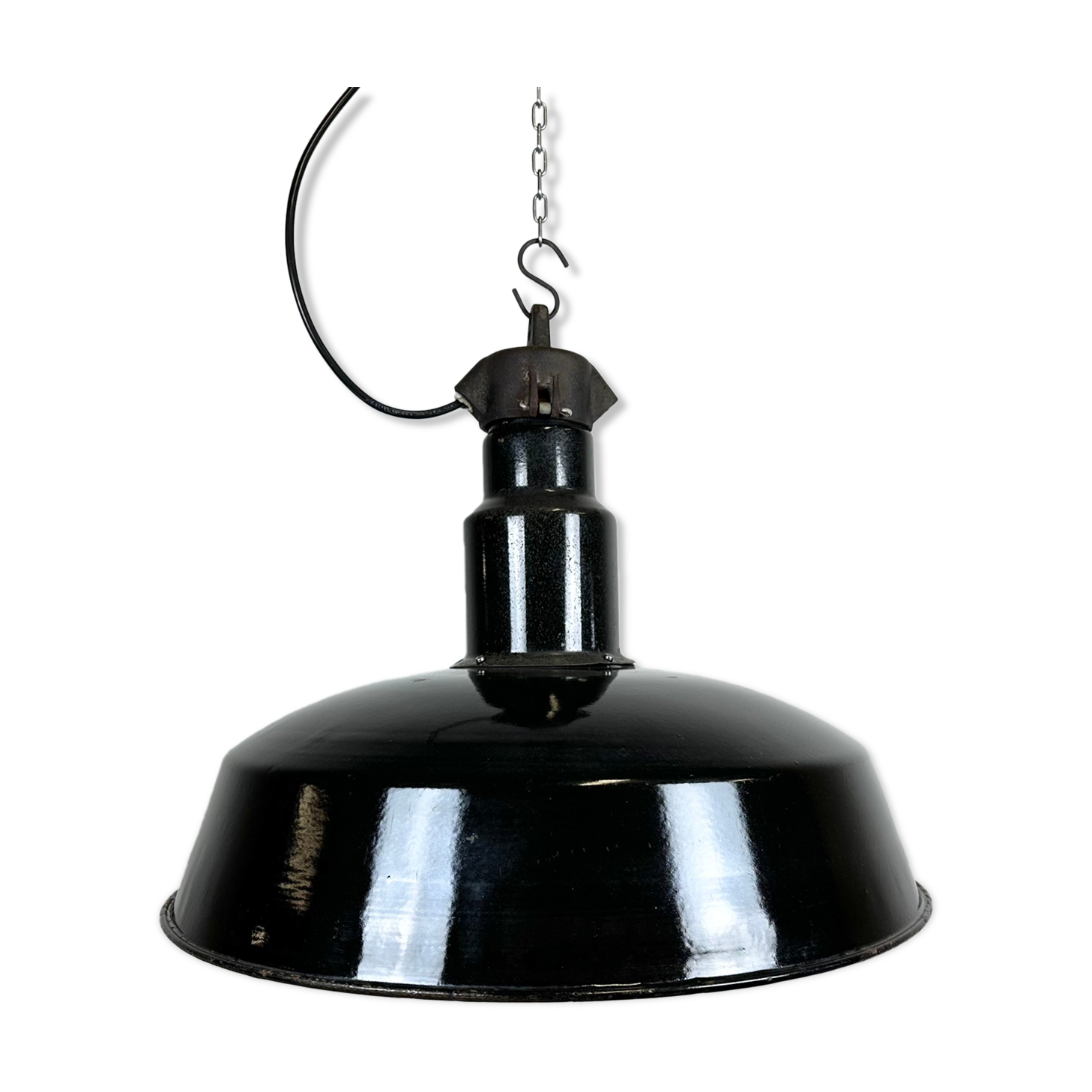 Industrial midcentury black enamel factory lamp, 1950s