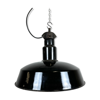 Lampe industrielle d’usine en émail noir du milieu du siècle, années 1950