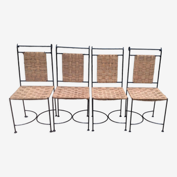 Set of 4 wrought iron chairs and rope seat