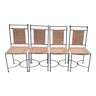 Set of 4 wrought iron chairs and rope seat