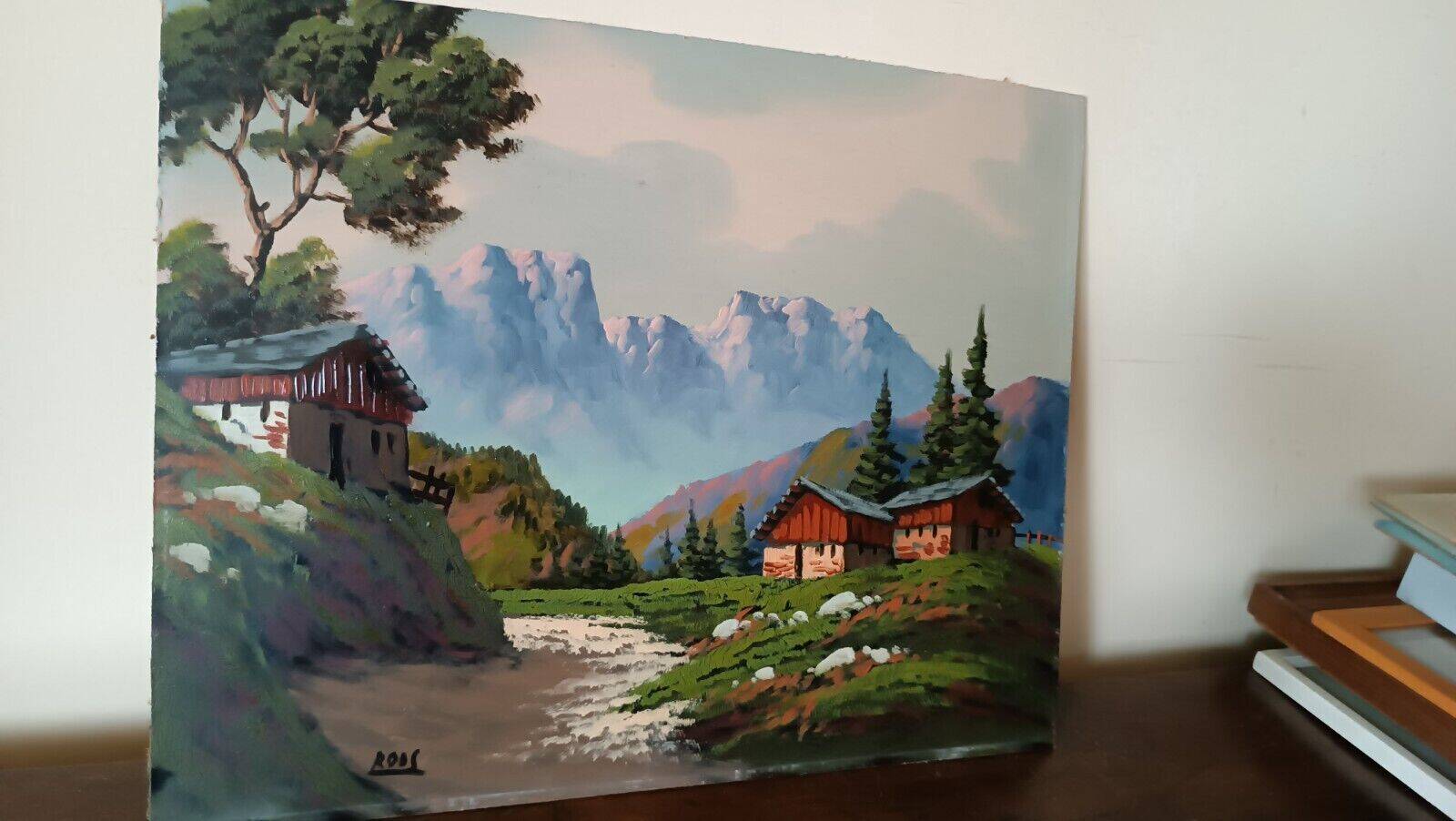 Oil painting on faesite from the 50s signed roos mountain landscape