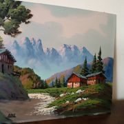 Oil painting on faesite from the 50s signed roos mountain landscape