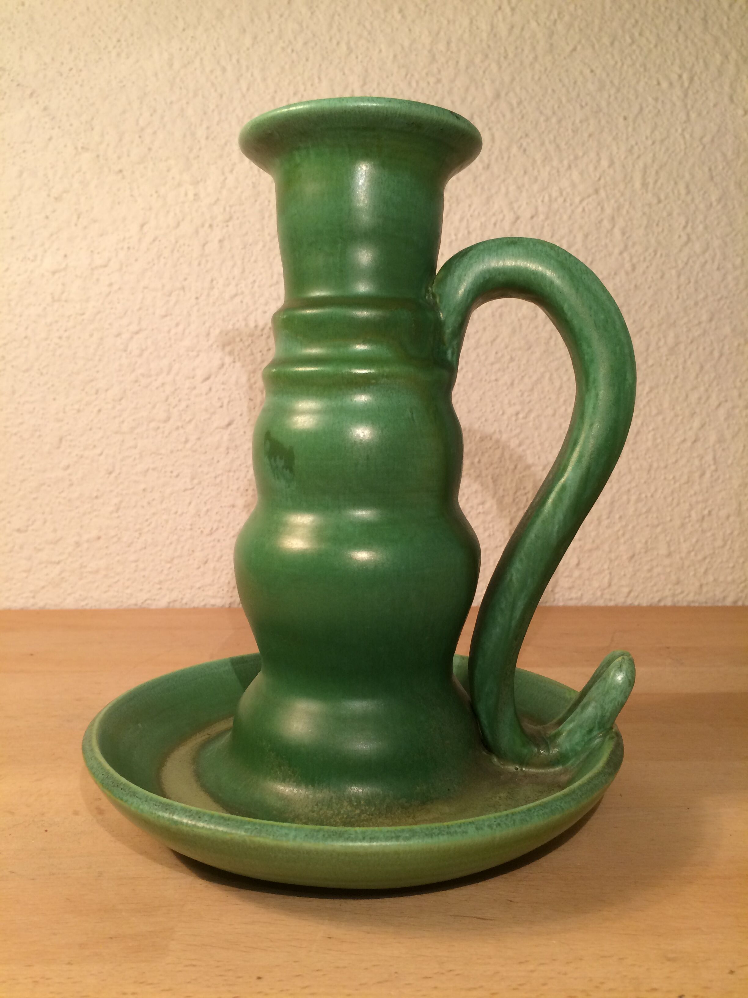 Green ceramic candle holder signed André Gallet, vintage