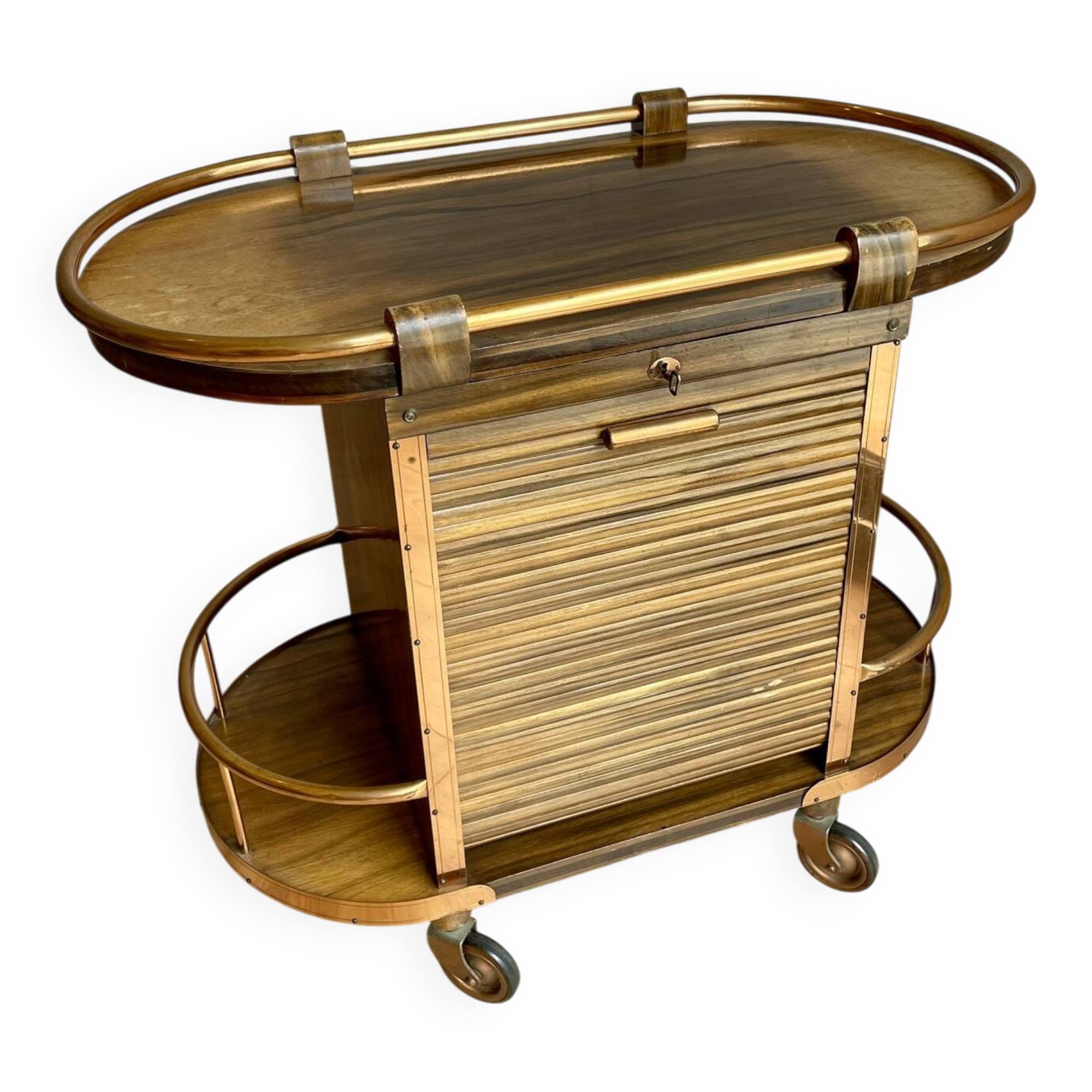 Bar cart / Vintage Art Deco service trolley – Wood and copper