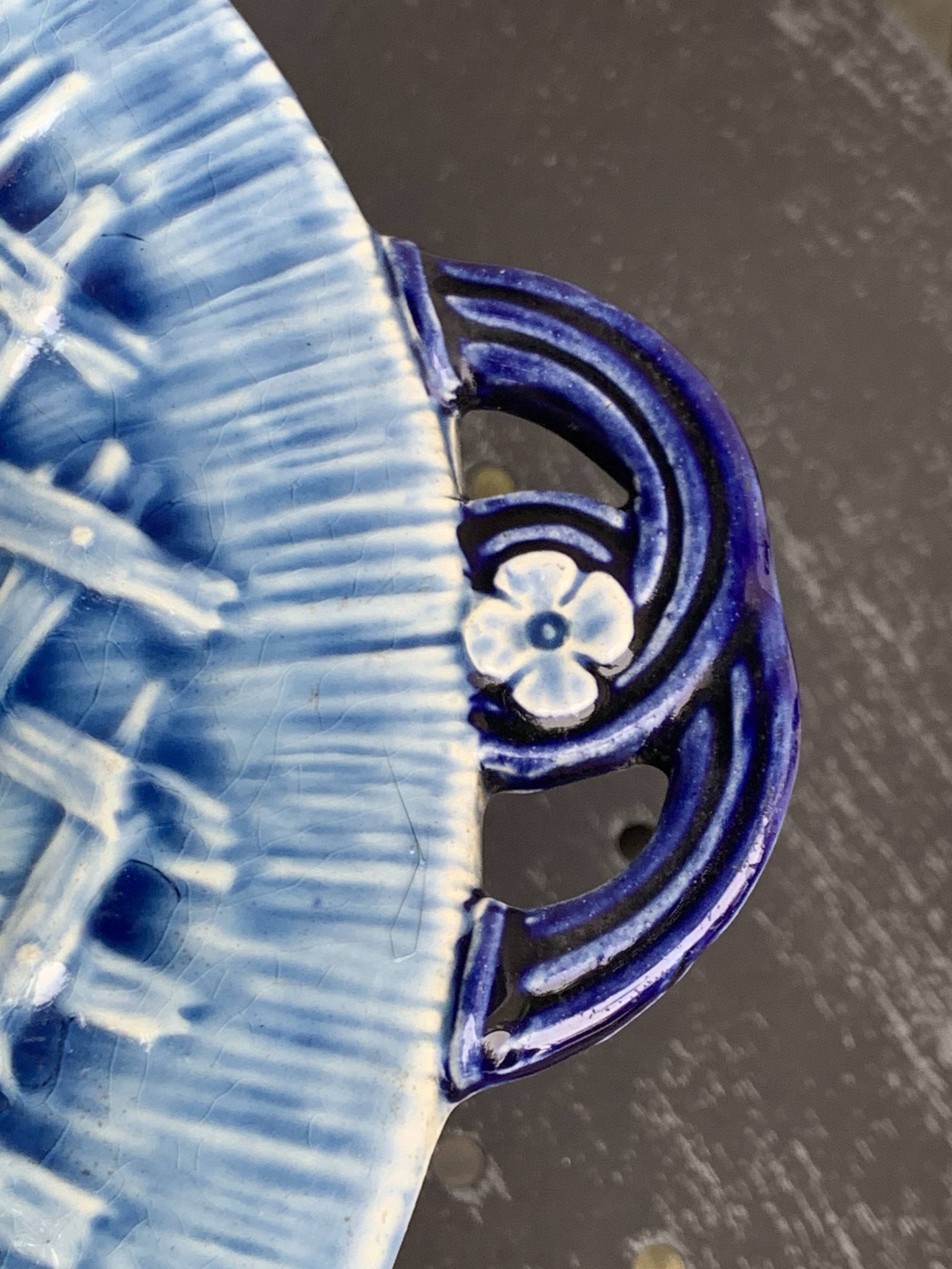 Fruit bowl, blue earthenware compote dish, slip, grape model, HBC