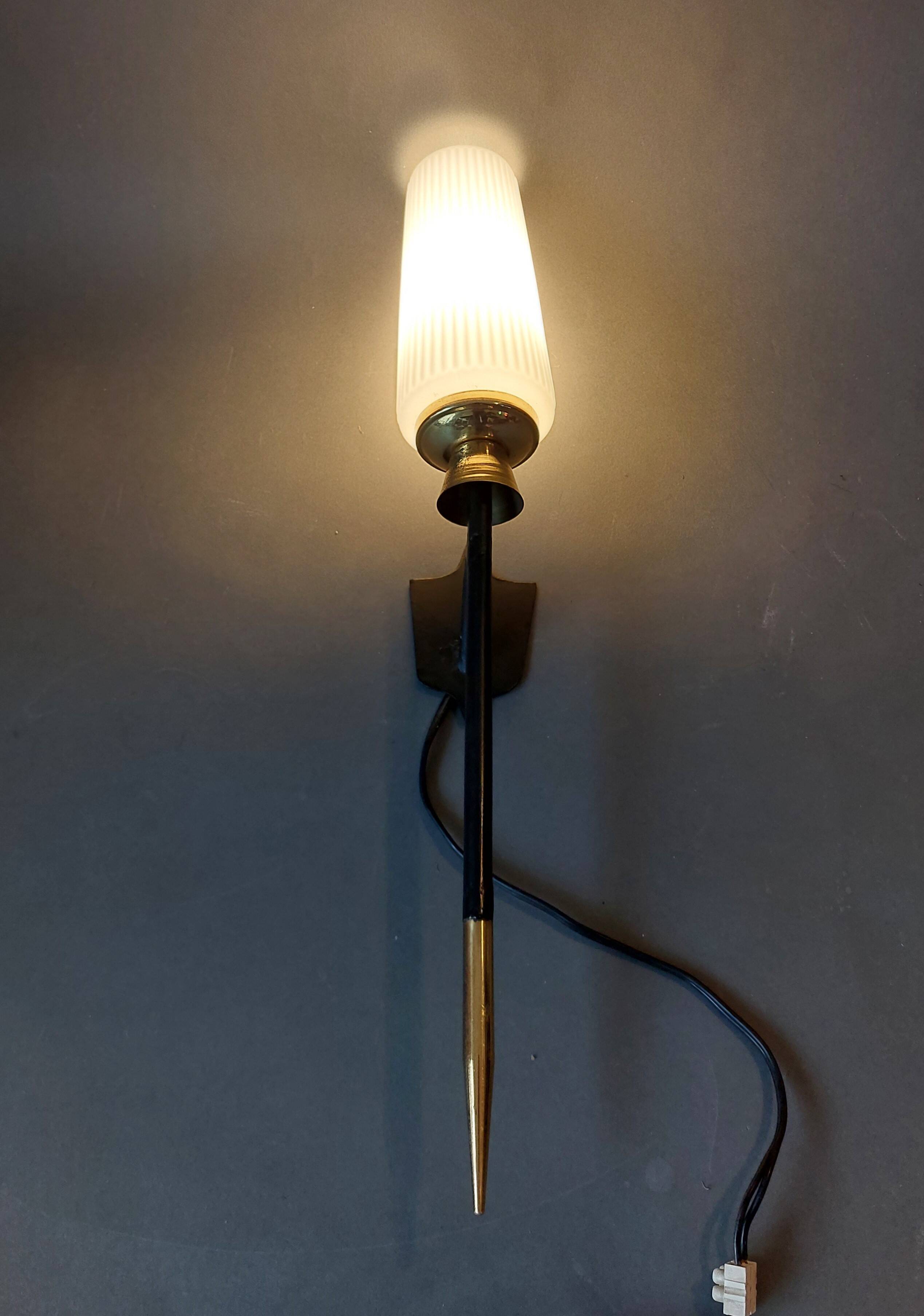Large 1960 torchiere wall light in black metal, gilded brass and vintage white opaline.
