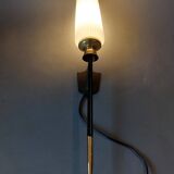 Large 1960 torchiere wall light in black metal, gilded brass and vintage white opaline.
