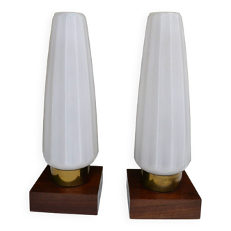 Pair of vintage teak and opaline lamps 50/60