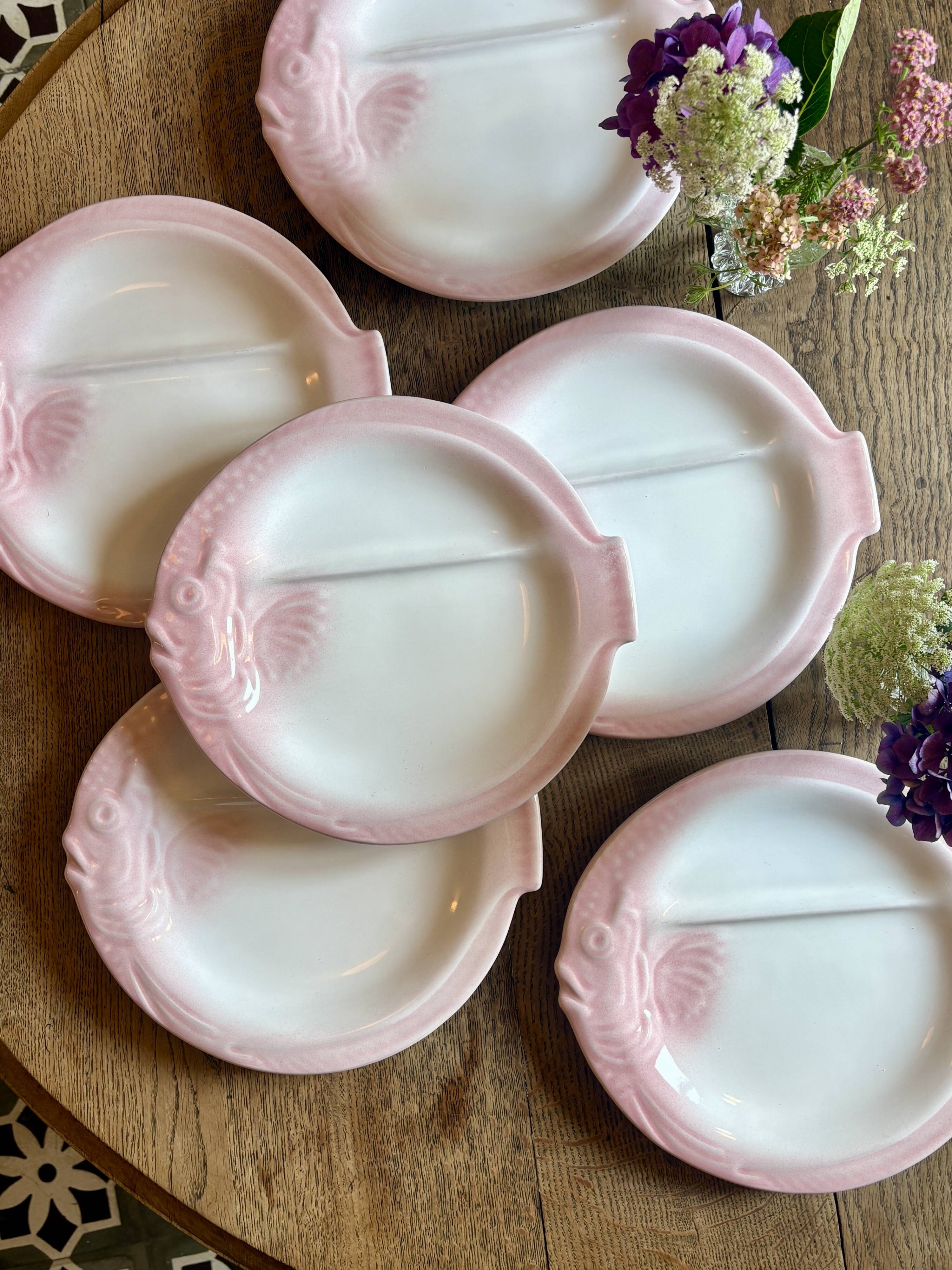 Set of 6 vintage plates in the shape of pink and gray fish - Nidervillier