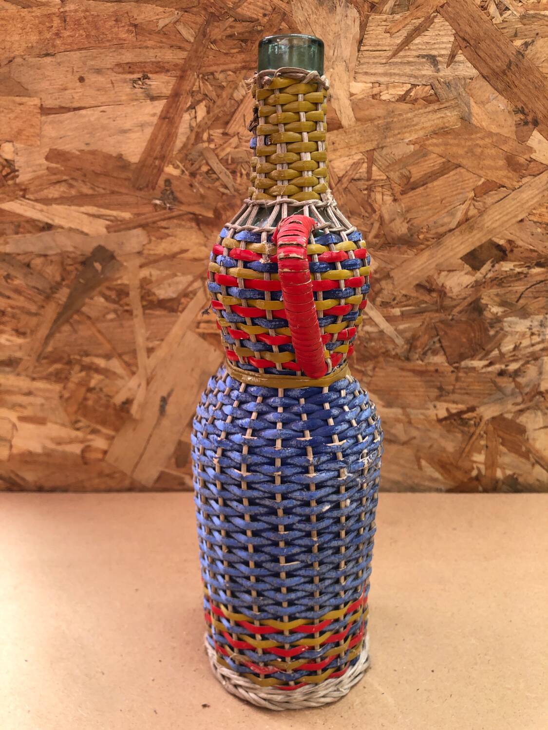 Old Lady Jeanne Bottle Glass + Rattan Woven Wicker Painted Vintage