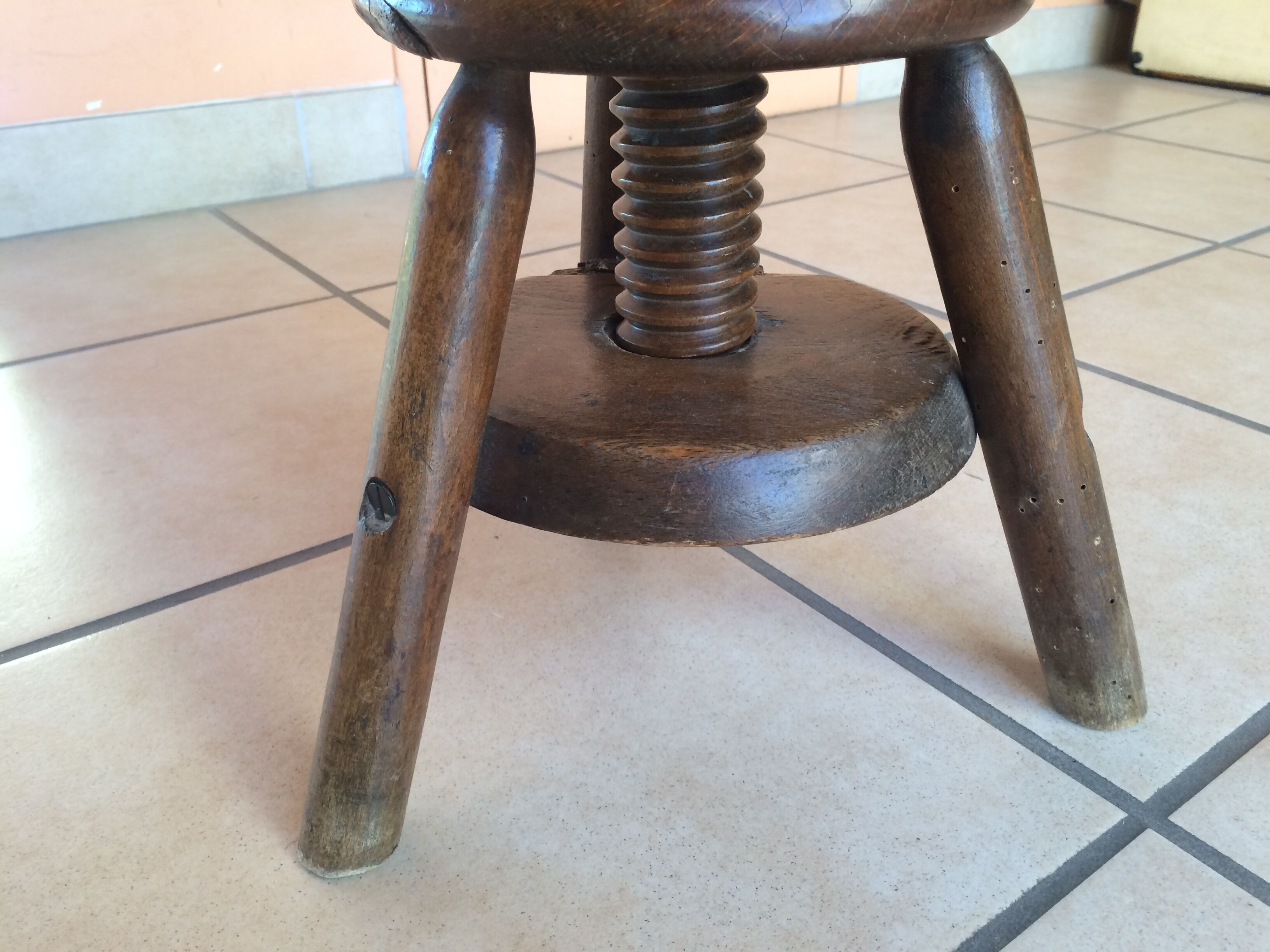 Old solid oak stool adjustable in height 50