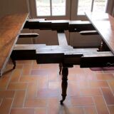 Table ronde ancienne, 6 pieds Jacob, 3 allonges