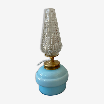 Lampe à poser - Globe transparent socle en opaline bleue